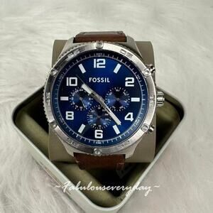 FOSSIL Men's Brox Multifunction Brown Leather Watch 50mm Blue BQ2799 NWT